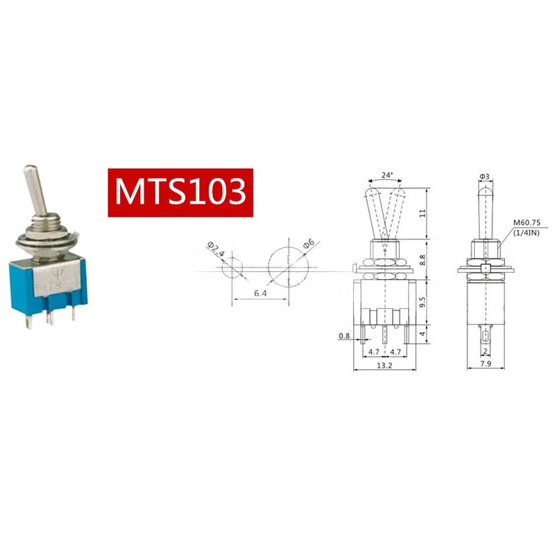 2pcs DIY Toggle Switch ON-OFF-ON / ON-OFF 3Pin 3 Position Latching MTS-103 MTS-102 AC 125V/6A 250V/3A Power Button Switch Car