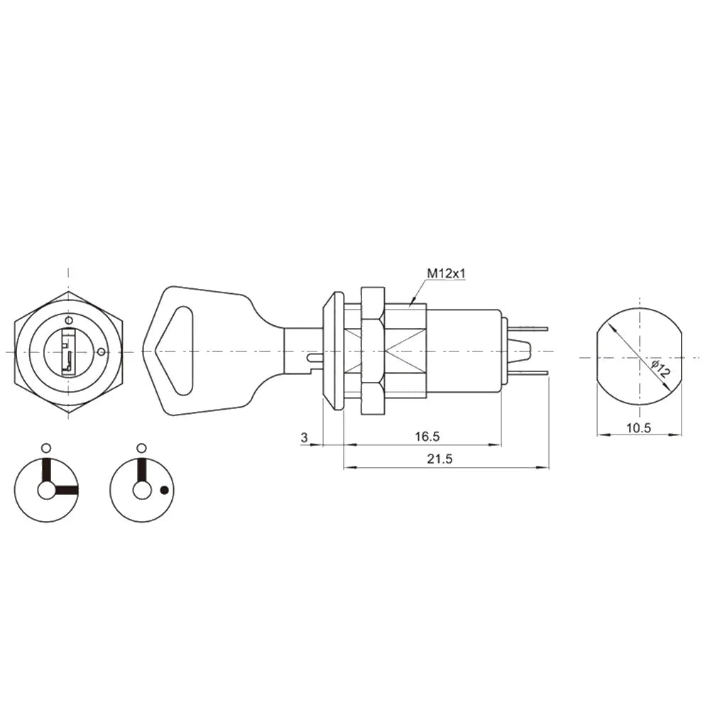 12mm Stainless Steel Electronic Key Switch ON OFF Lock Switch Phone Lock Security Power Switch 12*21mm S1203 2PIN 2 Keys