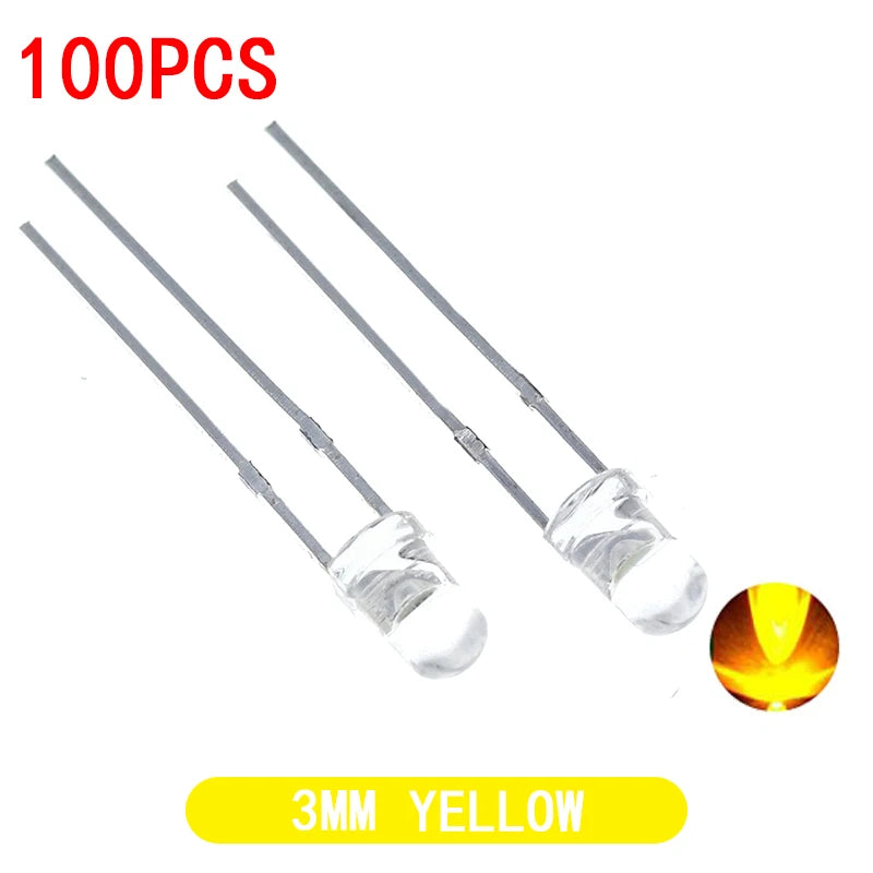 100PCS F3 Ultra Bright 3MM Round Water Clear Green/Yellow/Blue/White/Red LED Light Lamp Emitting Diode Dides Kit
