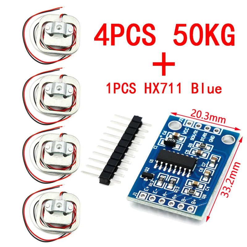 HX711 AD Module Body Load Cell Weighing Sensor Pressure Sensor+4Pcs 50kg Human Scale Load Cell Weight Sensors+Measurement Tools