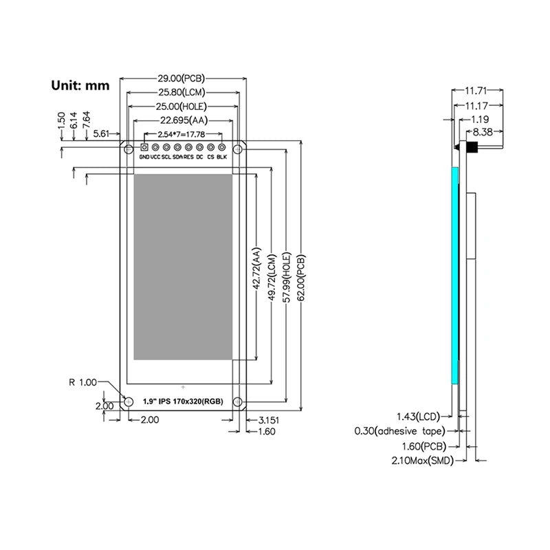 New 1.9 Inch IPS Full Angle TFT Display Screen LCD Screen Color Display Module SPI Serial Port High-definition 170x320 ST7789