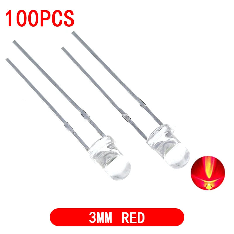 100PCS F3 Ultra Bright 3MM Round Water Clear Green/Yellow/Blue/White/Red LED Light Lamp Emitting Diode Dides Kit
