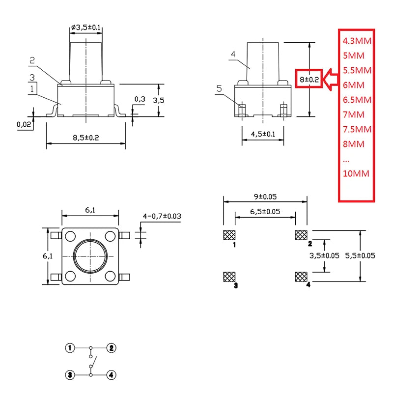 20PCS 4Pin 6*6 Tact Switch Mini Micro Momentary Tactile Push Button Switch 6*6* 4.3/4.5/5.5/6/6.5/7/7.5/8/8.5/9/9.5/10/13mm