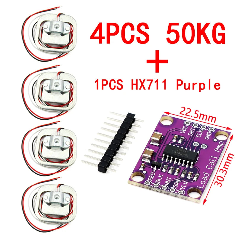 HX711 AD Module Body Load Cell Weighing Sensor Pressure Sensor+4Pcs 50kg Human Scale Load Cell Weight Sensors+Measurement Tools