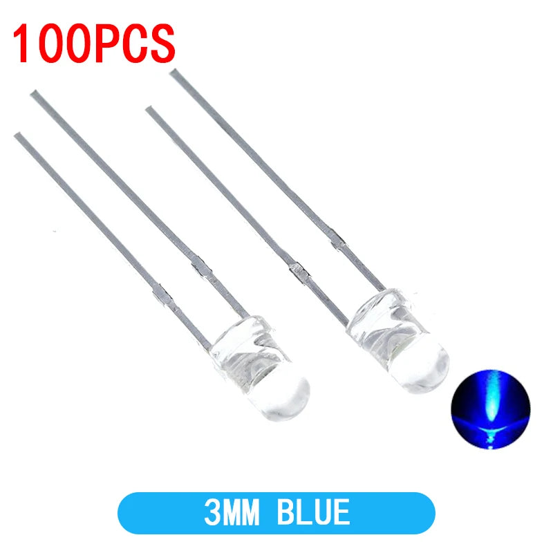 100PCS F3 Ultra Bright 3MM Round Water Clear Green/Yellow/Blue/White/Red LED Light Lamp Emitting Diode Dides Kit