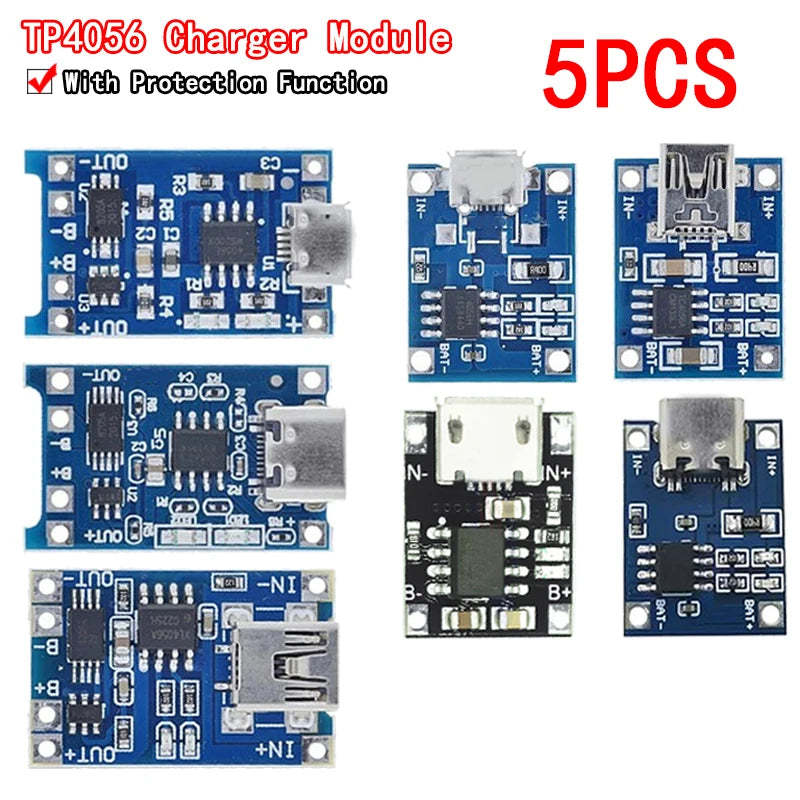 5pcs Micro USB 5V 1A 18650 TP4056 Lithium Battery Charger Module Charging Board With Protection Dual Functions 1A Li-ion