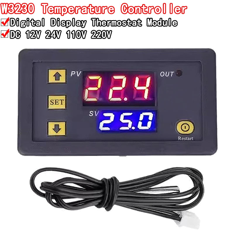 W3230 DC 12V 24V 110V 220V AC Digital Temperature Controller LED Display Thermostat With Heating Cooling Switch NTC Sensor