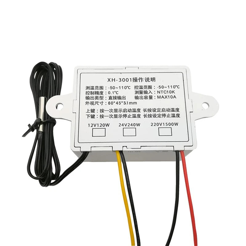 10A 12V 24V 220VAC Digital LED Temperature Controller XH-W3001 For Incubator Cooling Heating Switch Thermostat NTC Sensor