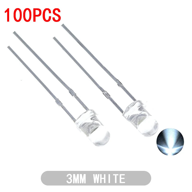 100PCS F3 Ultra Bright 3MM Round Water Clear Green/Yellow/Blue/White/Red LED Light Lamp Emitting Diode Dides Kit