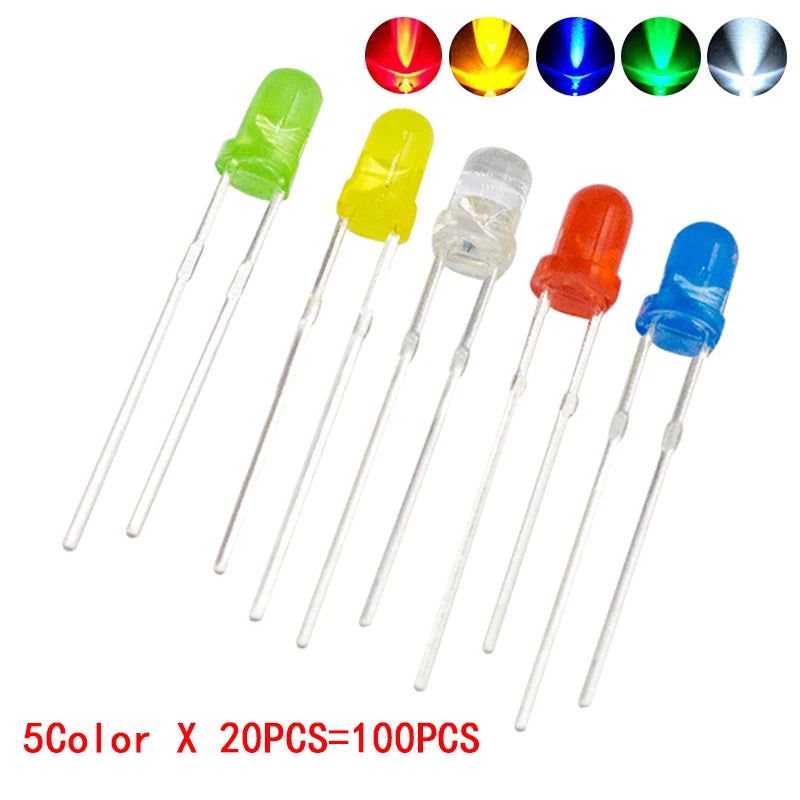 100PCS F3 Ultra Bright 3MM Round Water Clear Green/Yellow/Blue/White/Red LED Light Lamp Emitting Diode Dides Kit