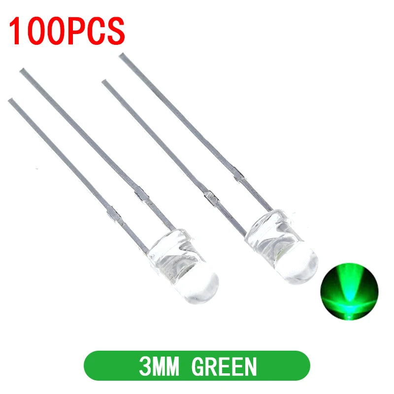 100PCS F3 Ultra Bright 3MM Round Water Clear Green/Yellow/Blue/White/Red LED Light Lamp Emitting Diode Dides Kit