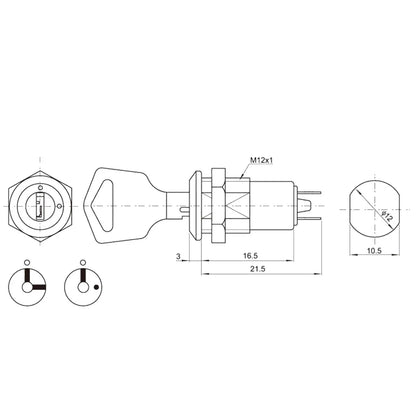 12mm Stainless Steel Electronic Key Switch ON OFF Lock Switch Phone Lock Security Power Switch 12*21mm S1203 2PIN 2 Keys