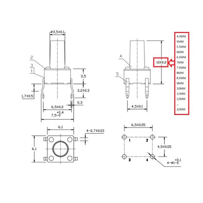 20PCS 4Pin 6*6 Micro Tact Push Button Switches DIP 6x6x4.3/5/6/7/8/9/10/11/12/13/14/15 MM 4.3mm 5mm 6mm 7mm 8mm 9mm 10mm 11mm