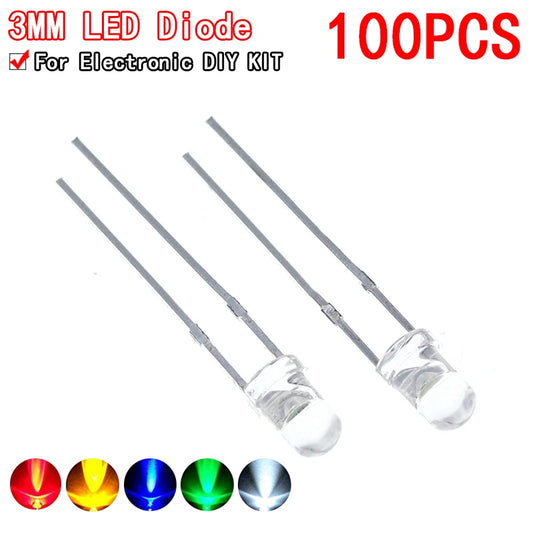 100PCS F3 Ultra Bright 3MM Round Water Clear Green/Yellow/Blue/White/Red LED Light Lamp Emitting Diode Dides Kit