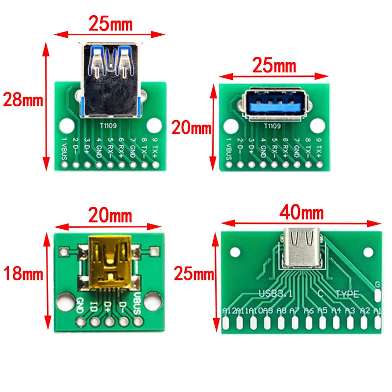 5PCS USB Male Connector / MINI MICRO USB to DIP Adapter female connector 2.54 Connector B Type-C USB2.0 3.0 Female PCB Converter