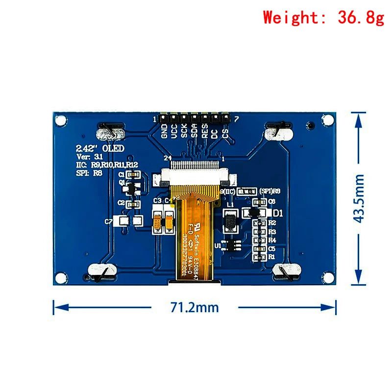 2.42 inch OLED Display Module 128x64 LCD HD Screen Module SSD1309 7 Pin SPI/IIC I2C Serial Interface for Arduino UNO R3