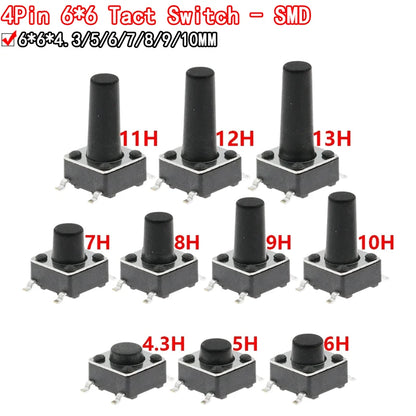 20PCS 4Pin 6*6 Tact Switch Mini Micro Momentary Tactile Push Button Switch 6*6* 4.3/4.5/5.5/6/6.5/7/7.5/8/8.5/9/9.5/10/13mm