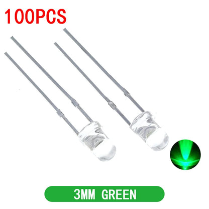 100PCS F3 Ultra Bright 3MM Round Water Clear Green/Yellow/Blue/White/Red LED Light Lamp Emitting Diode Dides Kit